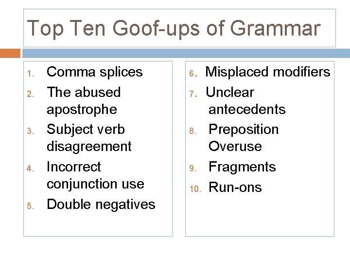 Top Ten Goof-ups of Grammar 1. 2. 3. 4. 5. Comma splices The abused