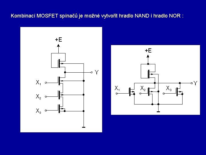 Kombinací MOSFET spínačů je možné vytvořit hradlo NAND i hradlo NOR : 