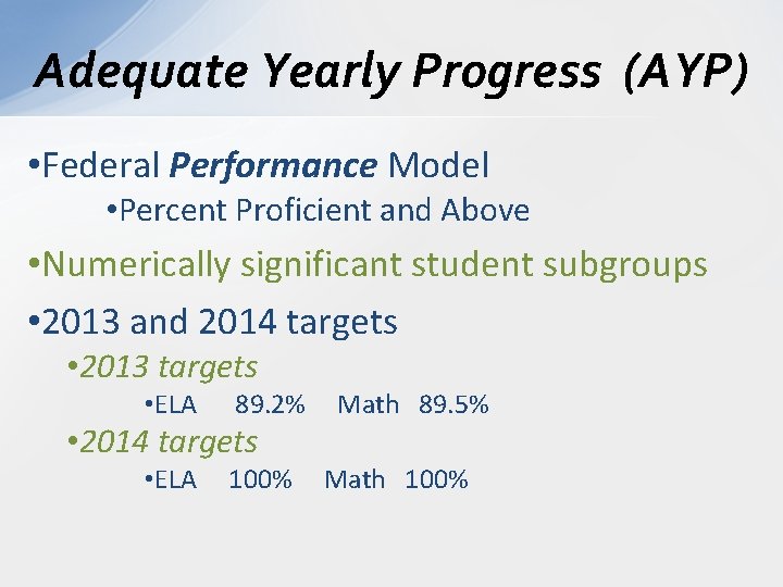 Adequate Yearly Progress (AYP) • Federal Performance Model • Percent Proficient and Above •