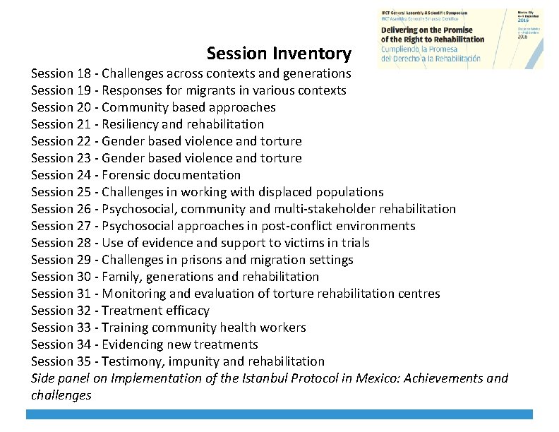 Session Inventory Session 18 - Challenges across contexts and generations Session 19 - Responses
