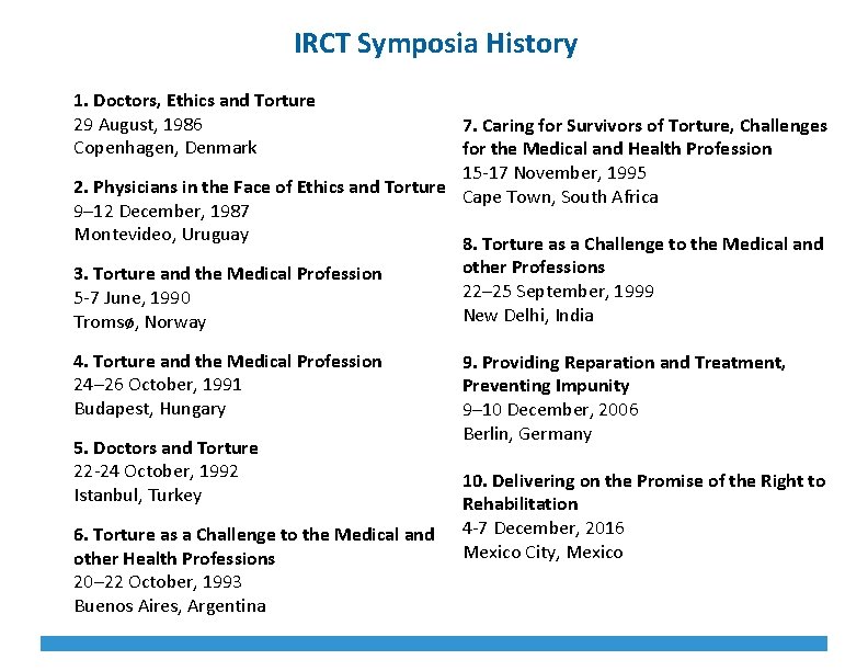 IRCT Symposia History 1. Doctors, Ethics and Torture 29 August, 1986 Copenhagen, Denmark 7.