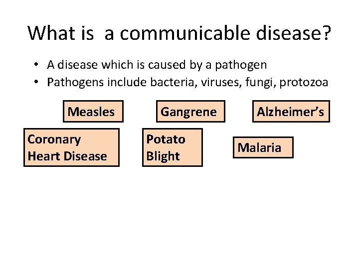 What is a communicable disease? • A disease which is caused by a pathogen