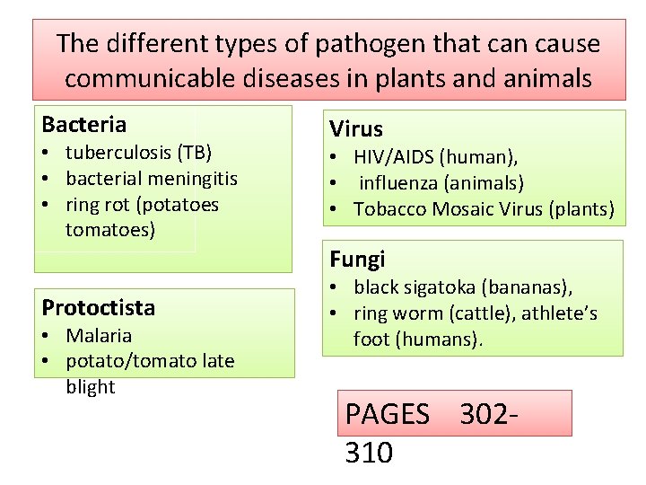 The different types of pathogen that can cause communicable diseases in plants and animals