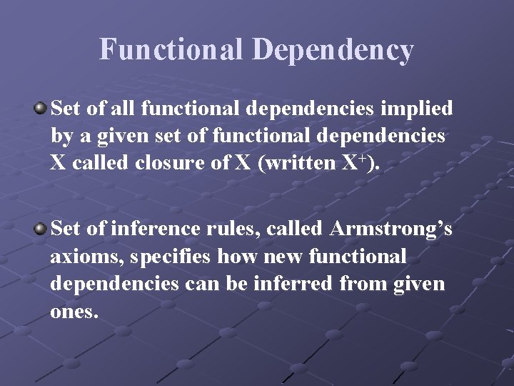 Functional Dependency Set of all functional dependencies implied by a given set of functional Functional Dependency Set of all functional dependencies implied by a given set of functional