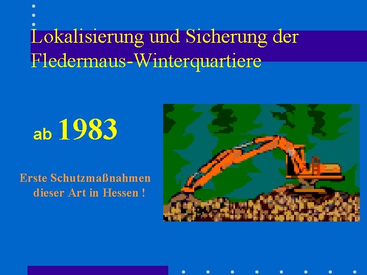 Lokalisierung und Sicherung der Fledermaus-Winterquartiere ab 1983 Erste Schutzmaßnahmen dieser Art in Hessen !