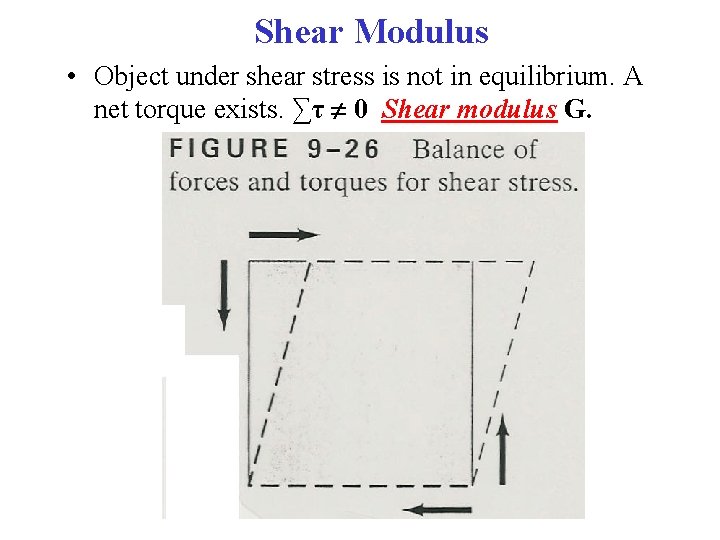 Shear Modulus • Object under shear stress is not in equilibrium. A net torque