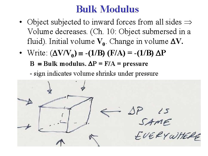 Bulk Modulus • Object subjected to inward forces from all sides Volume decreases. (Ch.