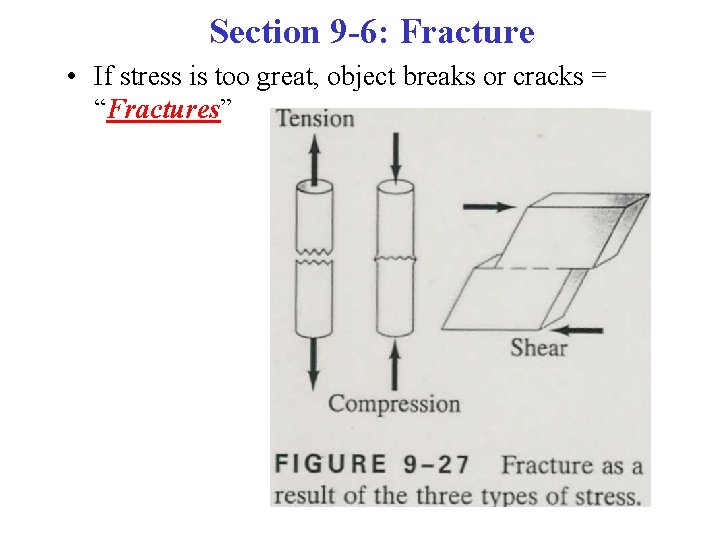 Section 9 -6: Fracture • If stress is too great, object breaks or cracks