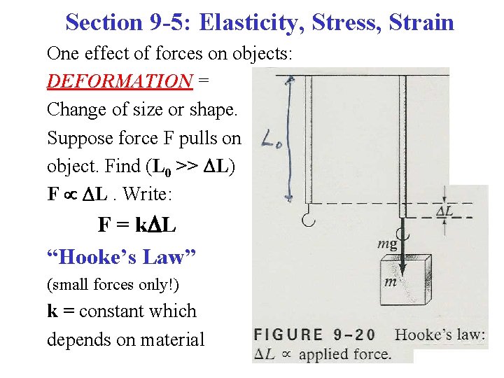 Section 9 -5: Elasticity, Stress, Strain One effect of forces on objects: DEFORMATION =