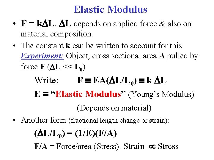 Elastic Modulus • F = k L. L depends on applied force & also