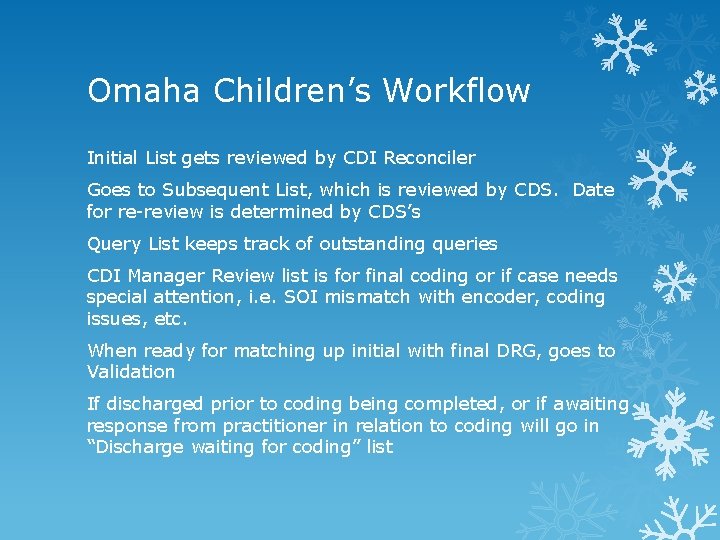 Omaha Children’s Workflow Initial List gets reviewed by CDI Reconciler Goes to Subsequent List,