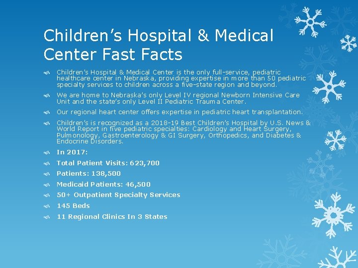 Children’s Hospital & Medical Center Fast Facts Children’s Hospital & Medical Center is the