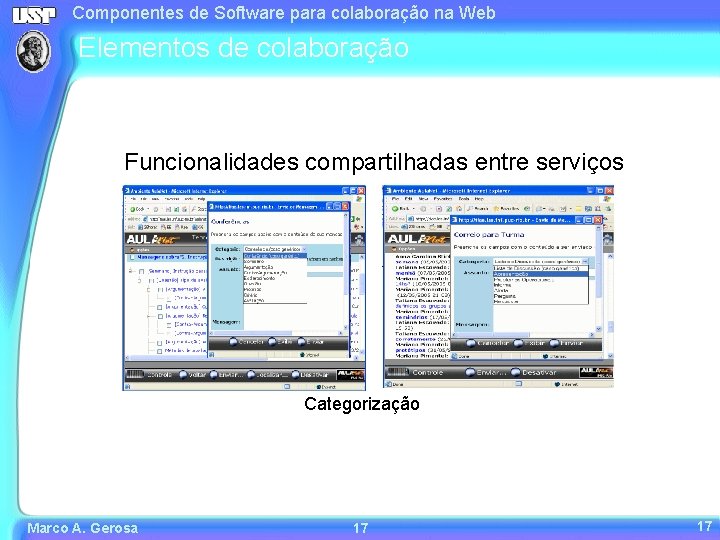 Componentes de Software para colaboração na Web Elementos de colaboração Funcionalidades compartilhadas entre serviços