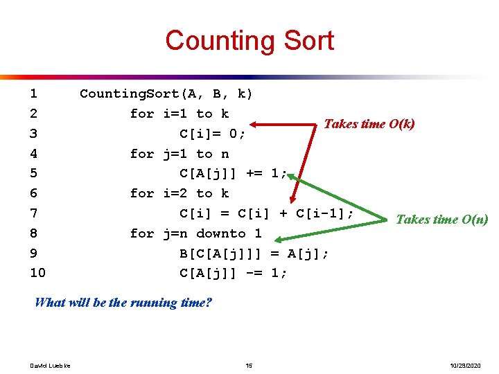 Counting Sort 1 2 3 4 5 6 7 8 9 10 Counting. Sort(A,