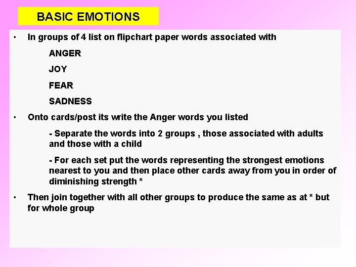 BASIC EMOTIONS • In groups of 4 list on flipchart paper words associated with