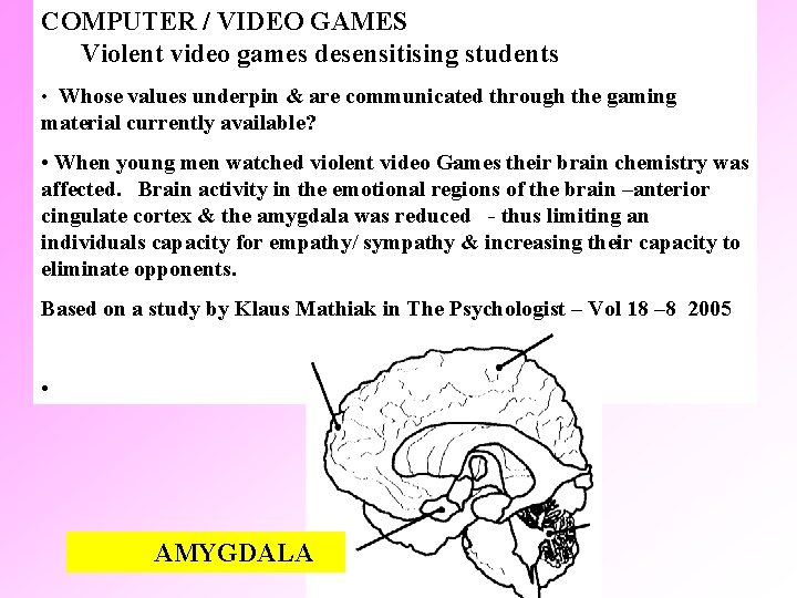 COMPUTER / VIDEO GAMES Violent video games desensitising students • Whose values underpin &