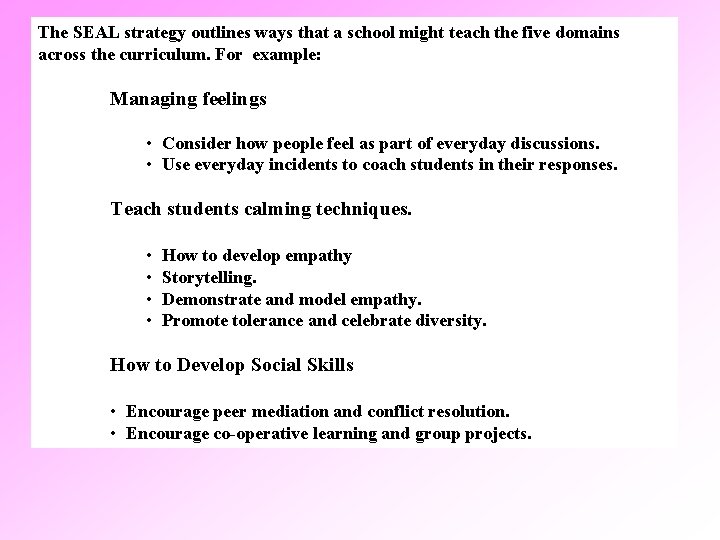 The SEAL strategy outlines ways that a school might teach the five domains across