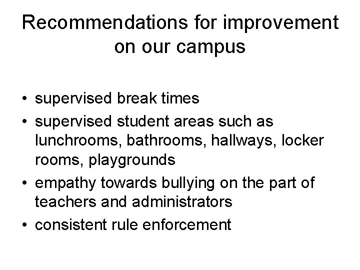 Recommendations for improvement on our campus • supervised break times • supervised student areas