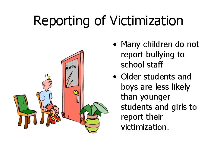 Reporting of Victimization • Many children do not report bullying to school staff •