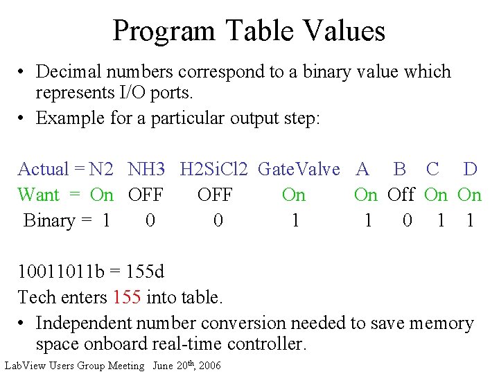 Program Table Values • Decimal numbers correspond to a binary value which represents I/O