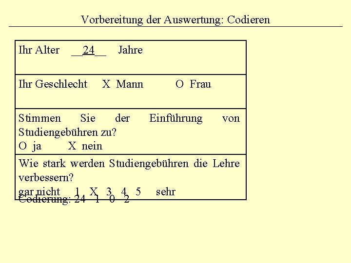 Vorbereitung der Auswertung: Codieren Ihr Alter __24__ Jahre Ihr Geschlecht X Mann O Frau