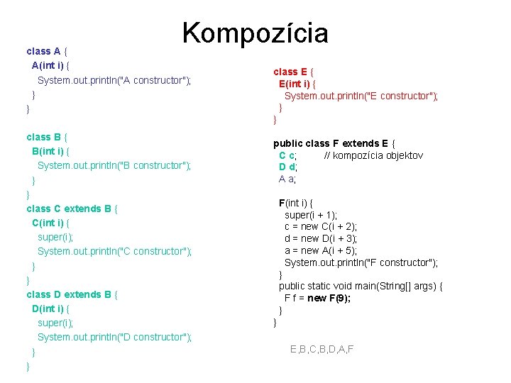 Kompozícia class A { A(int i) { System. out. println("A constructor"); } } class