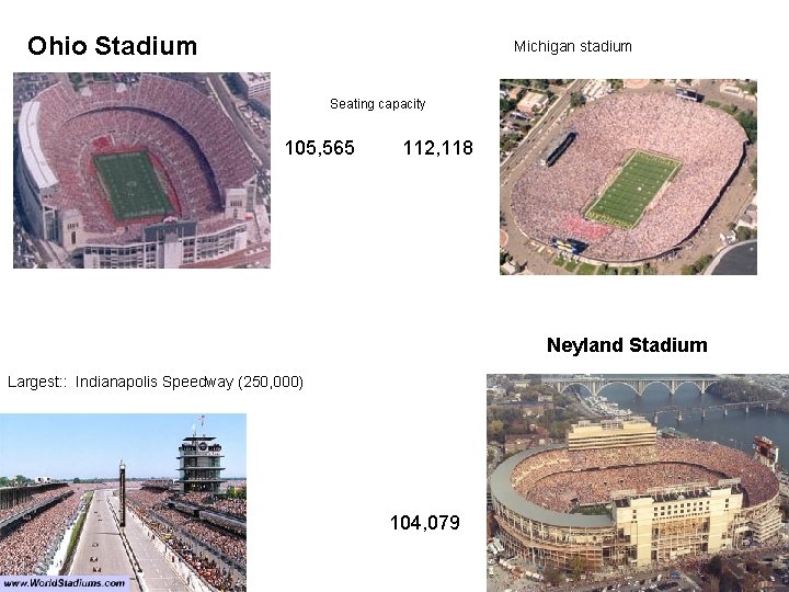 Ohio Stadium Michigan stadium Seating capacity 105, 565 112, 118 Neyland Stadium Largest: :