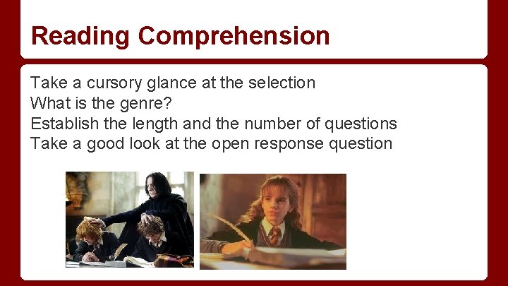 Reading Comprehension Take a cursory glance at the selection What is the genre? Establish