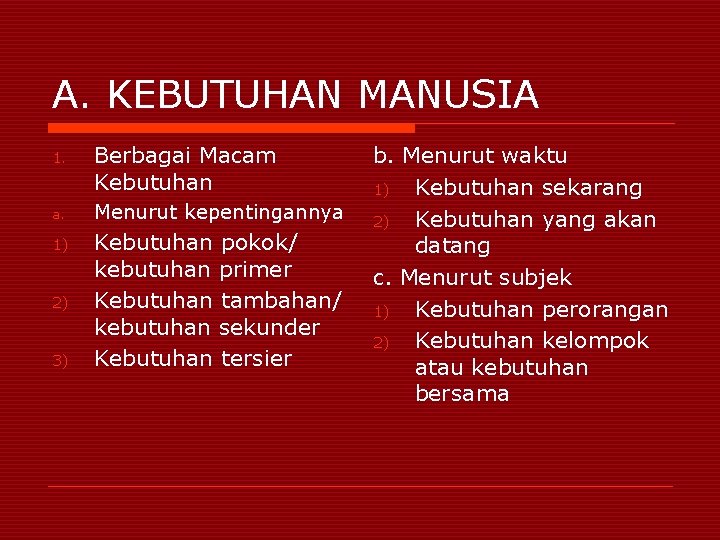 A. KEBUTUHAN MANUSIA 1. a. 1) 2) 3) Berbagai Macam Kebutuhan Menurut kepentingannya Kebutuhan