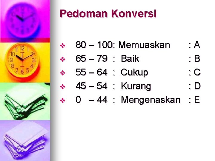 Pedoman Konversi v v v 80 – 100: Memuaskan 65 – 79 : Baik