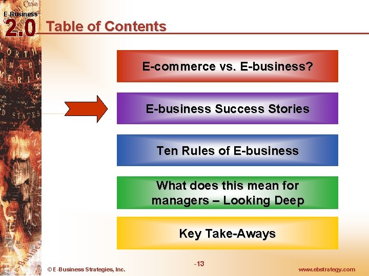 E-Business Table of Contents E-commerce vs. E-business? E-business Success Stories Ten Rules of E-business E-Business Table of Contents E-commerce vs. E-business? E-business Success Stories Ten Rules of E-business