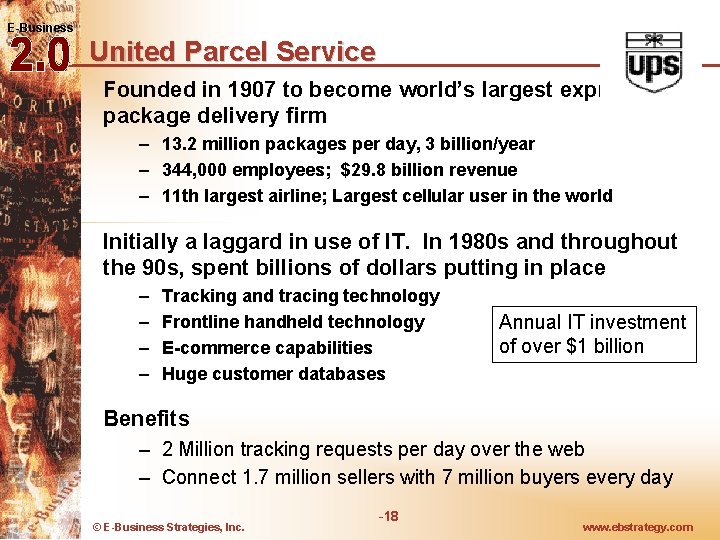 E-Business United Parcel Service Founded in 1907 to become world’s largest express and package E-Business United Parcel Service Founded in 1907 to become world’s largest express and package