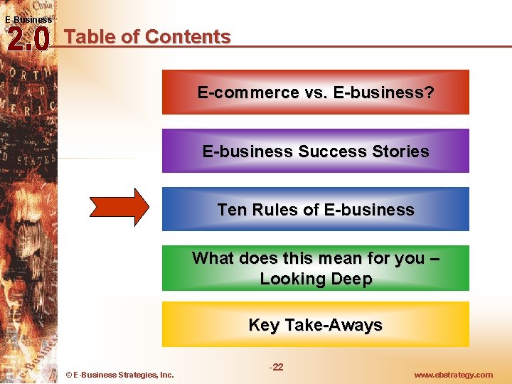 E-Business Table of Contents E-commerce vs. E-business? E-business Success Stories Ten Rules of E-business E-Business Table of Contents E-commerce vs. E-business? E-business Success Stories Ten Rules of E-business