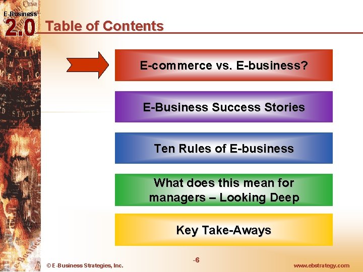 E-Business Table of Contents E-commerce vs. E-business? E-Business Success Stories Ten Rules of E-business E-Business Table of Contents E-commerce vs. E-business? E-Business Success Stories Ten Rules of E-business