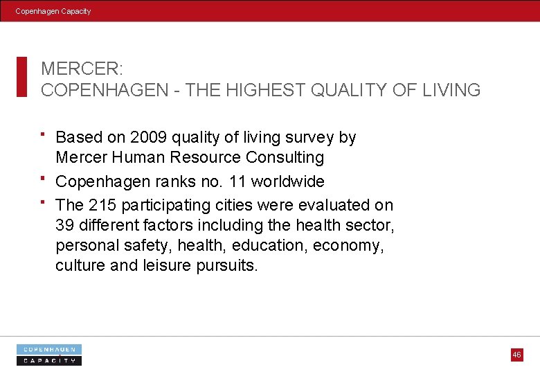 Copenhagen Capacity MERCER: COPENHAGEN - THE HIGHEST QUALITY OF LIVING Based on 2009 quality