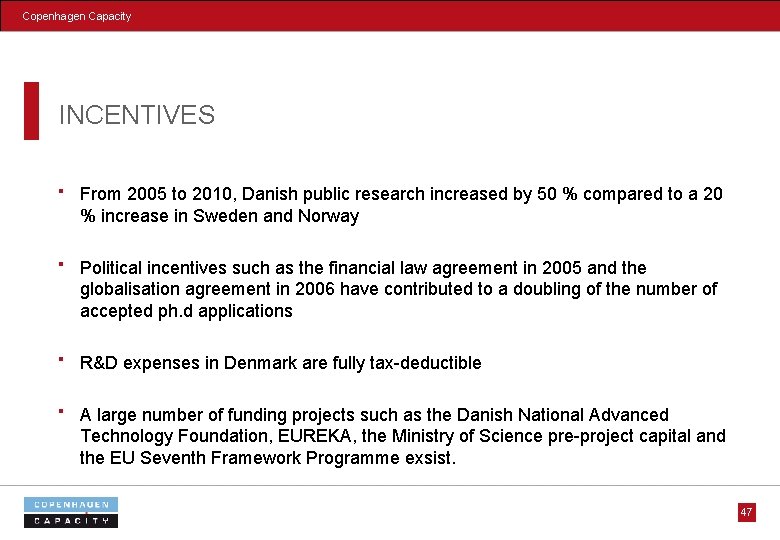Copenhagen Capacity INCENTIVES From 2005 to 2010, Danish public research increased by 50 %