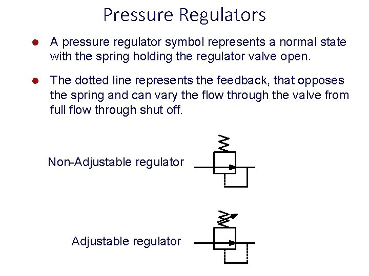 Pressure Regulators l A pressure regulator symbol represents a normal state with the spring