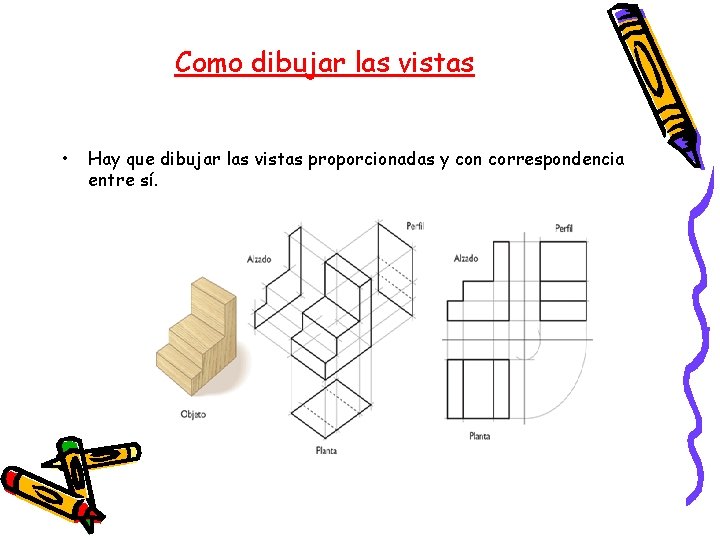 Como dibujar las vistas • Hay que dibujar las vistas proporcionadas y con correspondencia