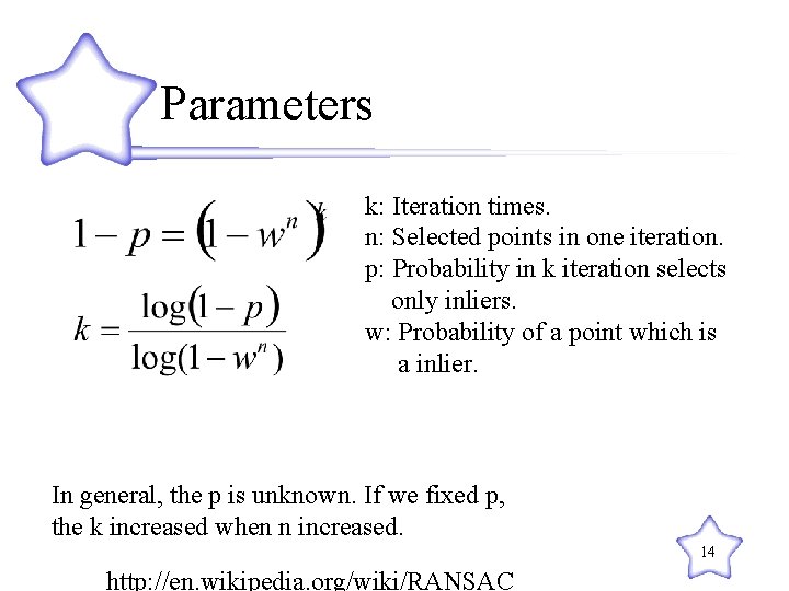 Parameters k: Iteration times. n: Selected points in one iteration. p: Probability in k