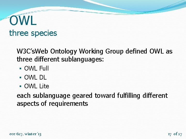 OWL three species W 3 C’s. Web Ontology Working Group defined OWL as three