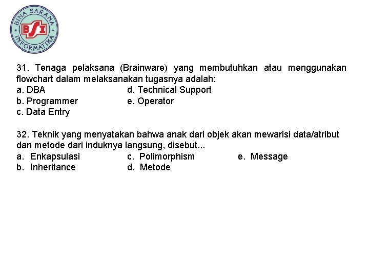 31. Tenaga pelaksana (Brainware) yang membutuhkan atau menggunakan flowchart dalam melaksanakan tugasnya adalah: a.