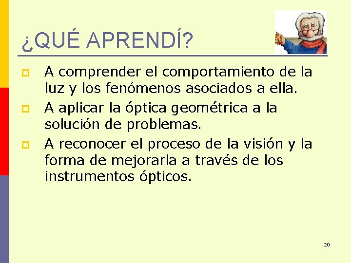 ¿QUÉ APRENDÍ? p p p A comprender el comportamiento de la luz y los