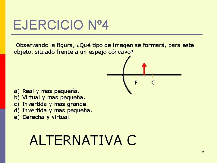 EJERCICIO Nº 4 Observando la figura, ¿Qué tipo de imagen se formará, para este