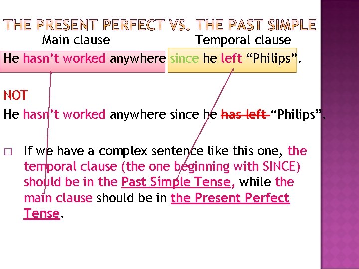 Main clause Temporal clause He hasn’t worked anywhere since he left “Philips”. NOT He Main clause Temporal clause He hasn’t worked anywhere since he left “Philips”. NOT He
