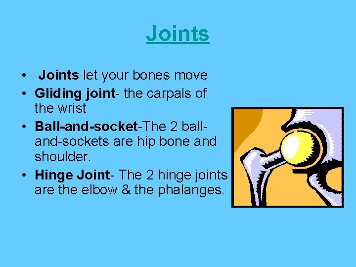 Joints • Joints let your bones move • Gliding joint- the carpals of the
