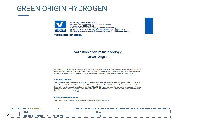 GREEN ORIGIN HYDROGEN THIS DOCUMENT IS • INTERNAL 6 Date Name & Function I