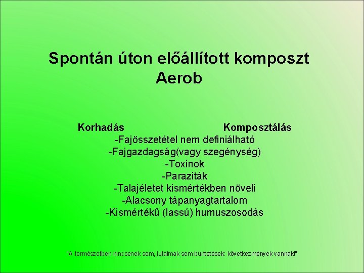 Spontán úton előállított komposzt Aerob Korhadás Komposztálás -Fajösszetétel nem definiálható -Fajgazdagság(vagy szegénység) -Toxinok -Paraziták