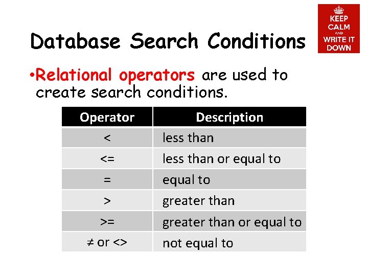 Database Search Conditions • Relational operators are used to create search conditions. Operator <