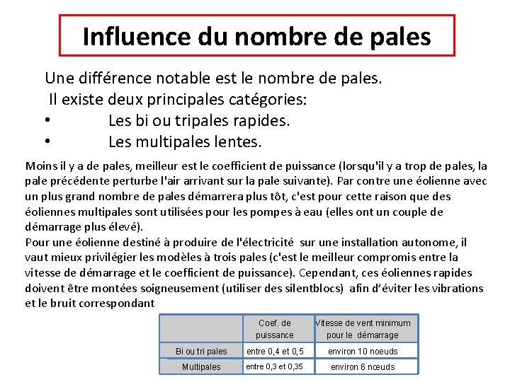 Influence du nombre de pales Une différence notable est le nombre de pales. Il