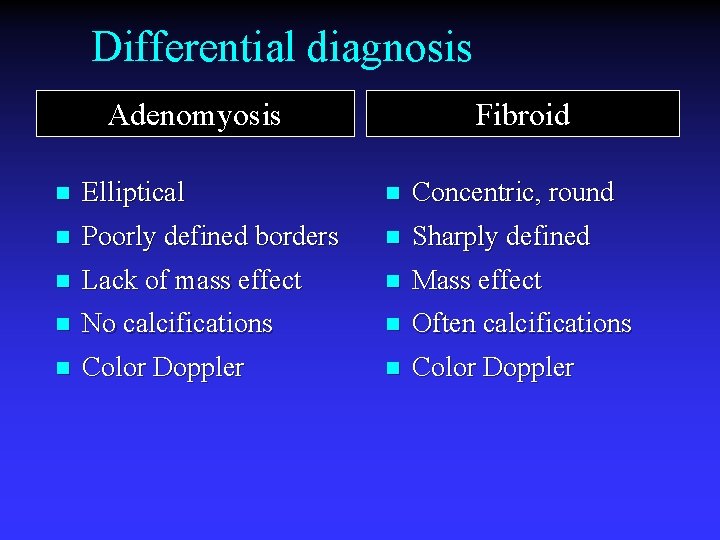 Differential diagnosis Adenomyosis Fibroid n Elliptical n Concentric, round n Poorly defined borders n